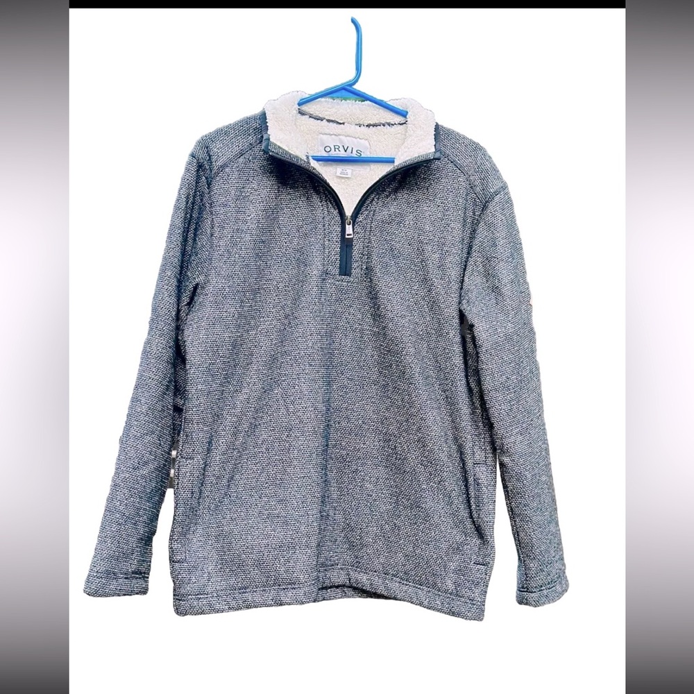 ORVIS Grayish Black Tweed Half Zip Pullover With Sherpa Fleece Lining Men’s Med